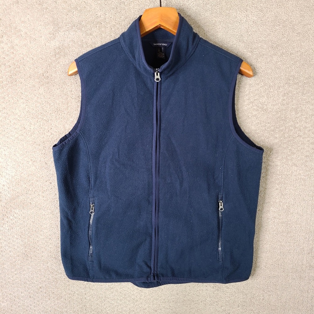 Lands End Vest Womens Medium‎ Blue Fleece Full Zip Sleeveless Navy Mock Neck